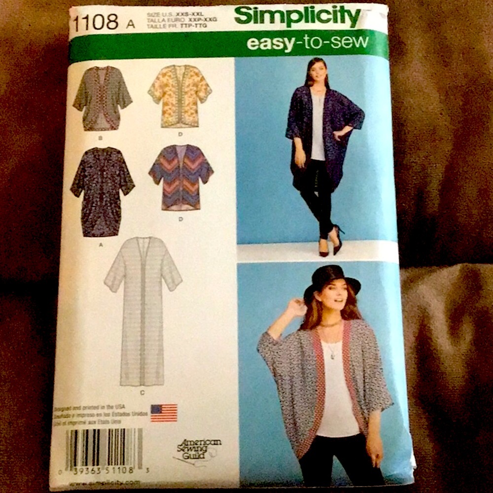 Simplicity Easy-to- sew 1108 A Size XXS-XXL Kimonos w Length/Fabric Variations